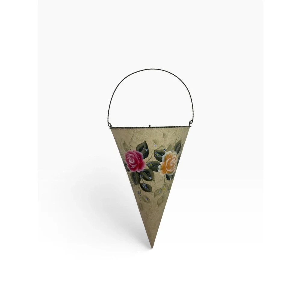 Vintage Hand Painted Metal Wall Pocket Floral Rose Cone Hanging Tussie Mussie